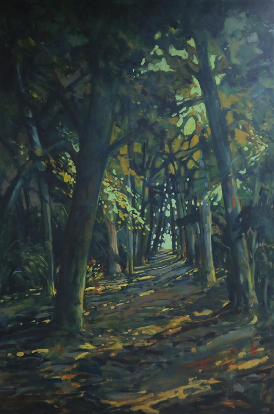 Louis Stroh van der Walt (South African b.962) Avenue of trees dappled by sunlight 137 x 91cm., unframed